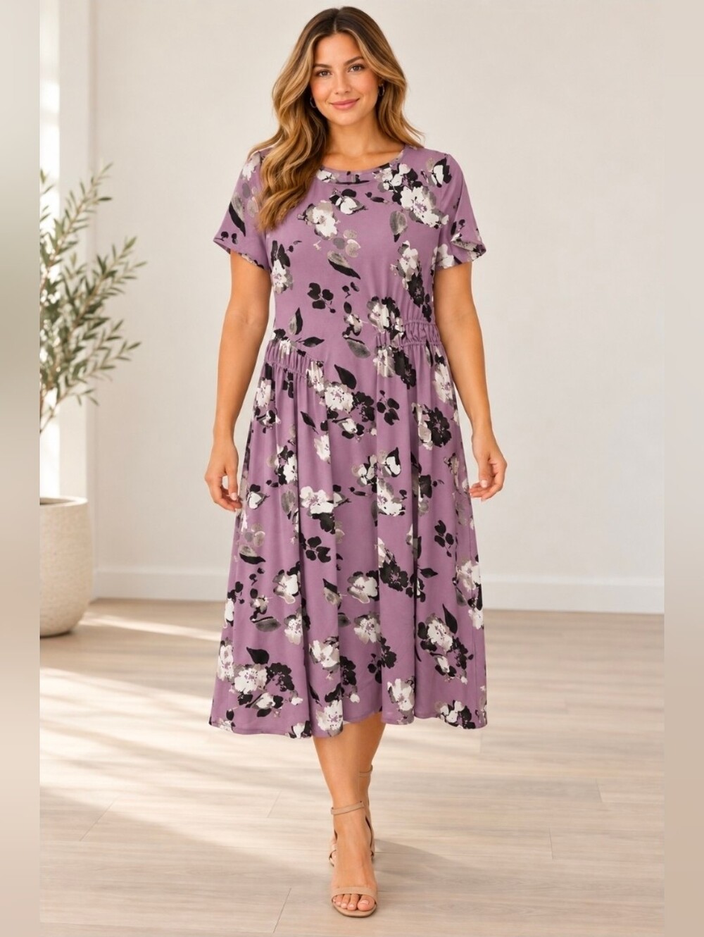 Simply Vera Vera Wang Lavender Floral Short-Sleeve Midi Dress
